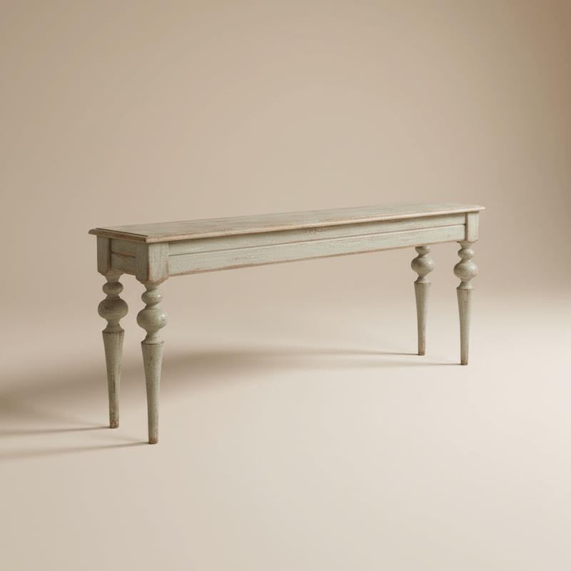 Hand-turned French Country console table in whitewashed finish